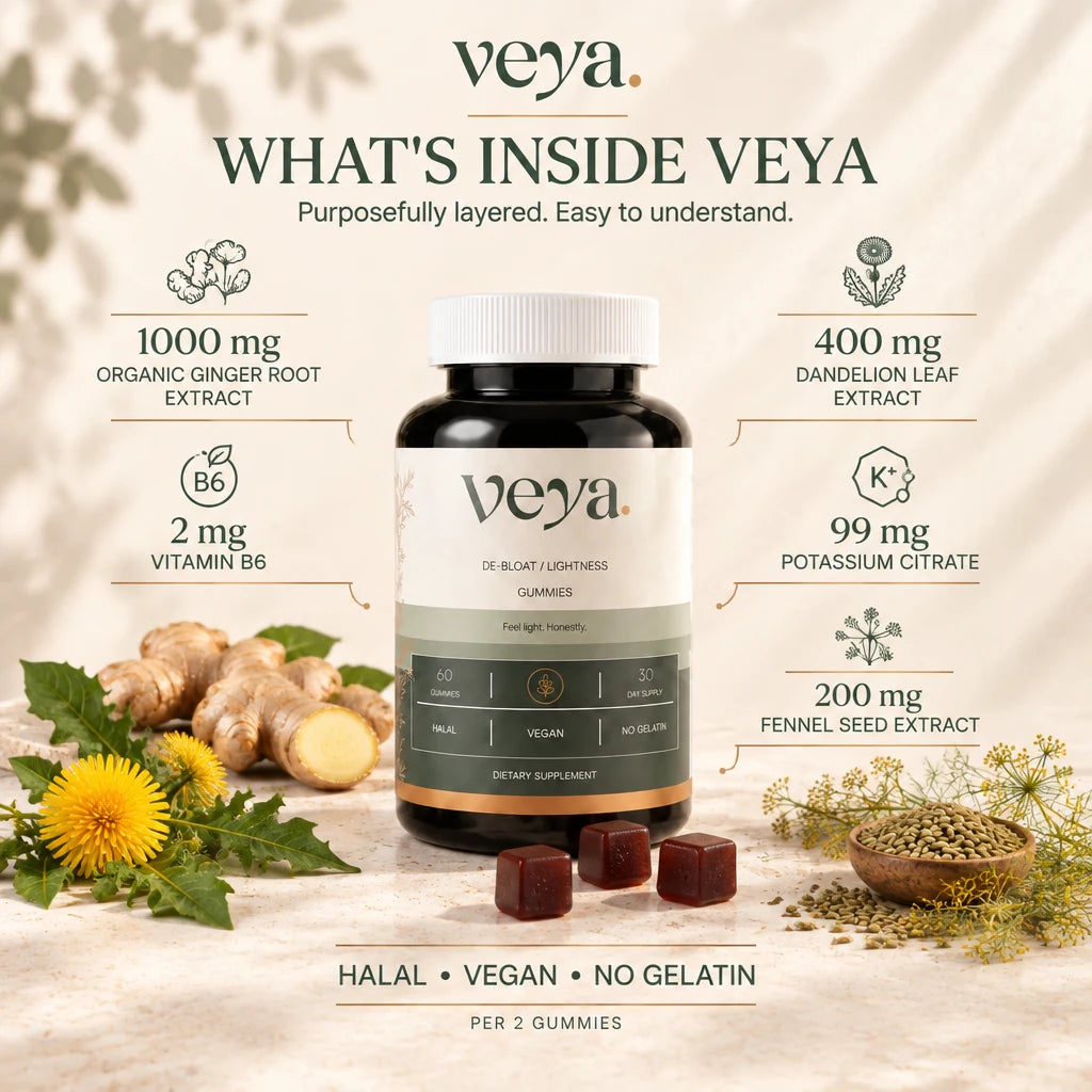 What is inside Veya, per two gummies: ginger, dandelion leaf, fennel seed, vitamin B6 and potassium.