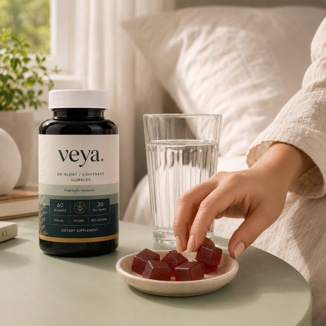 A Veya jar on a bedside table beside a glass of water, a hand reaching for two gummies in a small dish