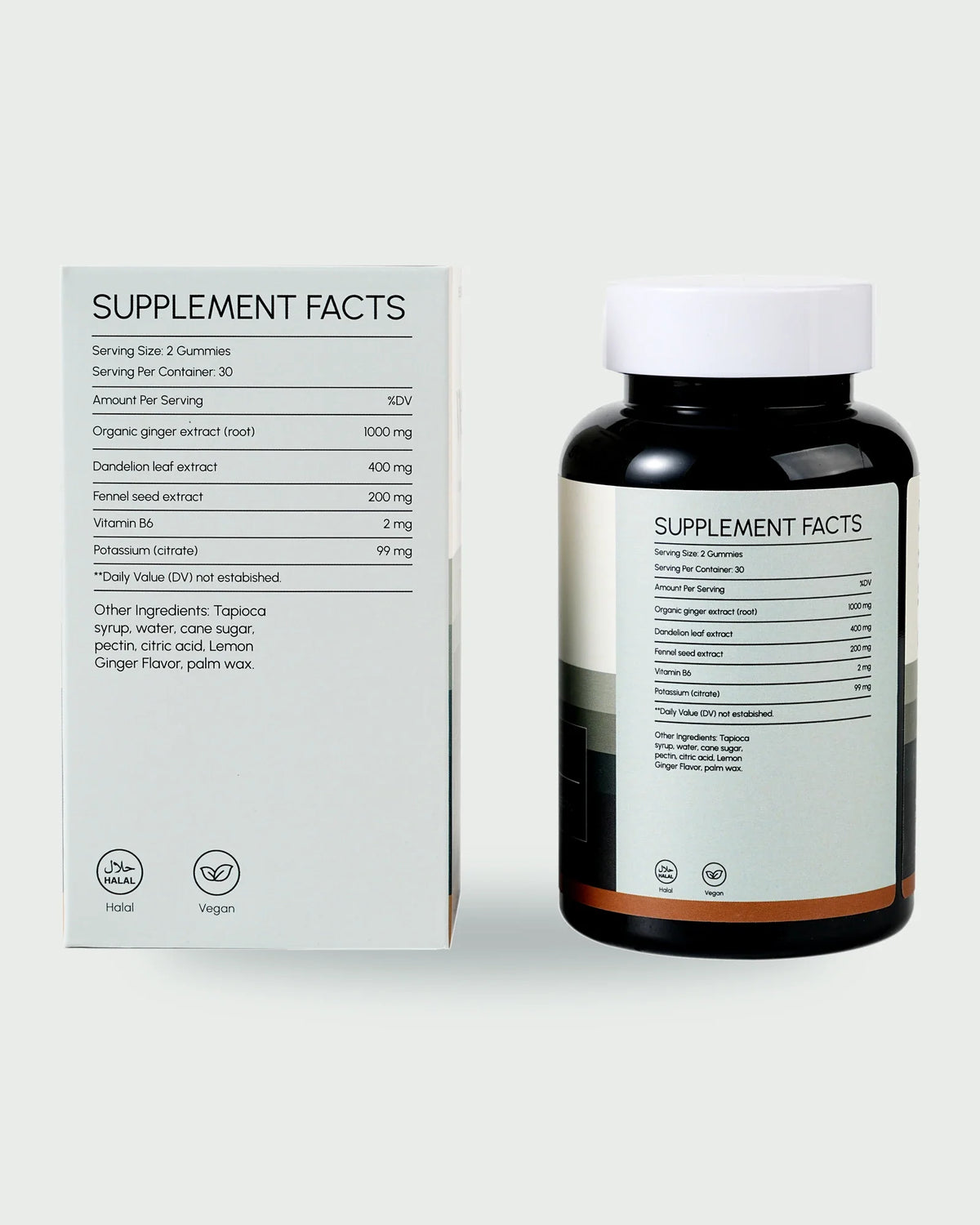 The supplement facts printed on the carton and bottle, legible: organic ginger extract (root) 1000 mg, dandelion leaf extract 400 mg, fennel seed extract 200 mg, vitamin B6 2 mg, potassium (citrate) 99 mg per two gummies.