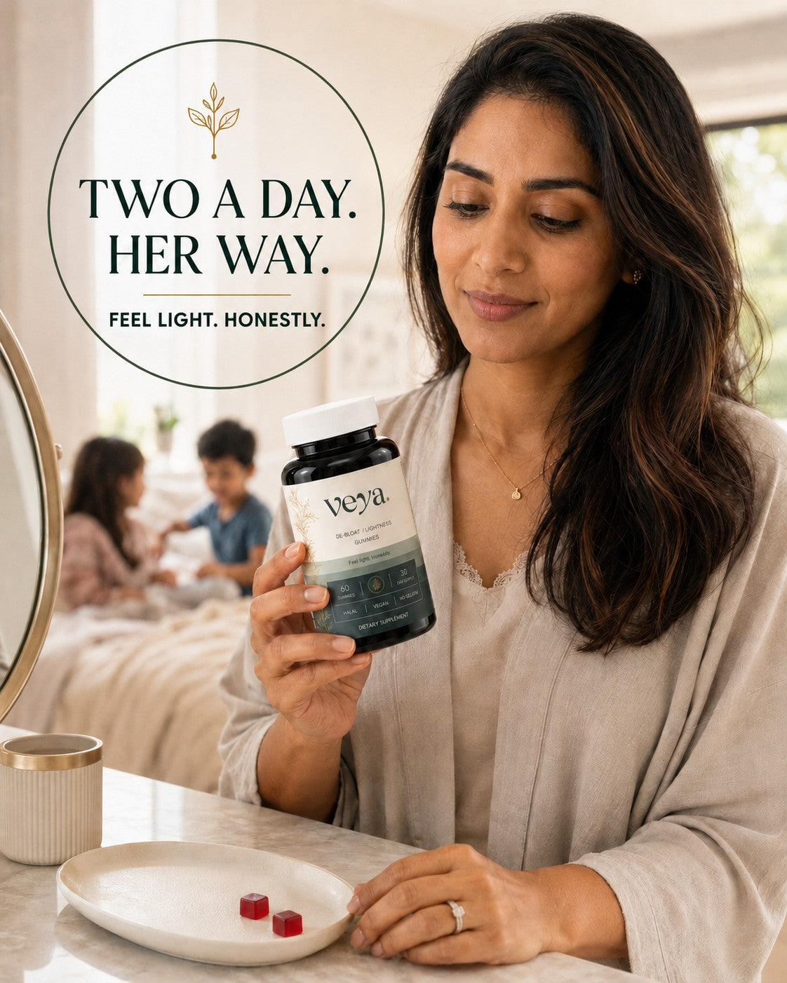 Two a day, her way. A woman holding the jar in a bright bedroom.