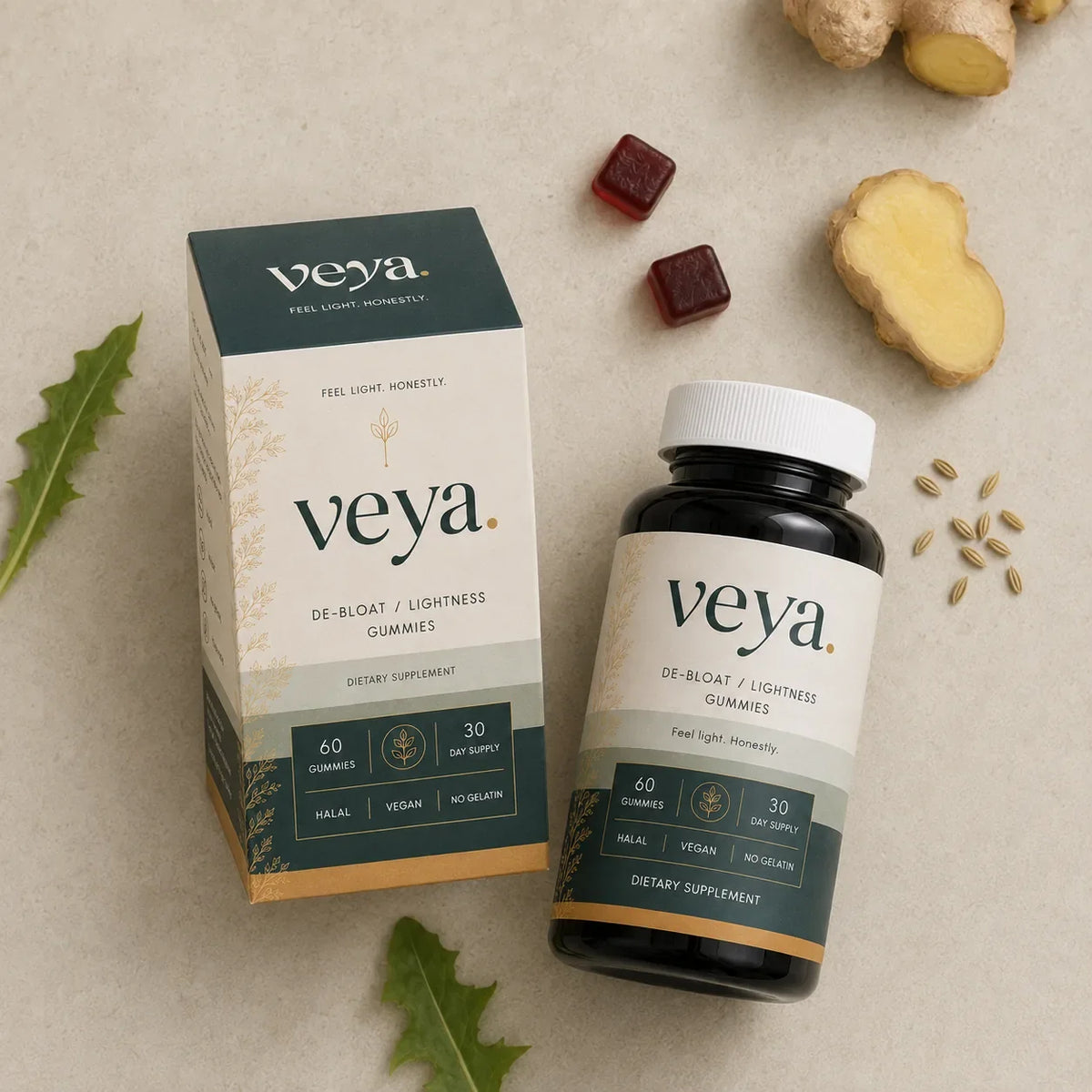 The Veya carton and bottle with fresh ginger, fennel seed and a dandelion leaf.