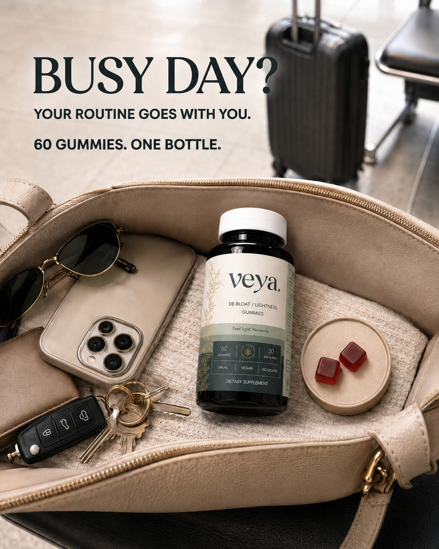 The Veya jar in a handbag with keys and sunglasses.