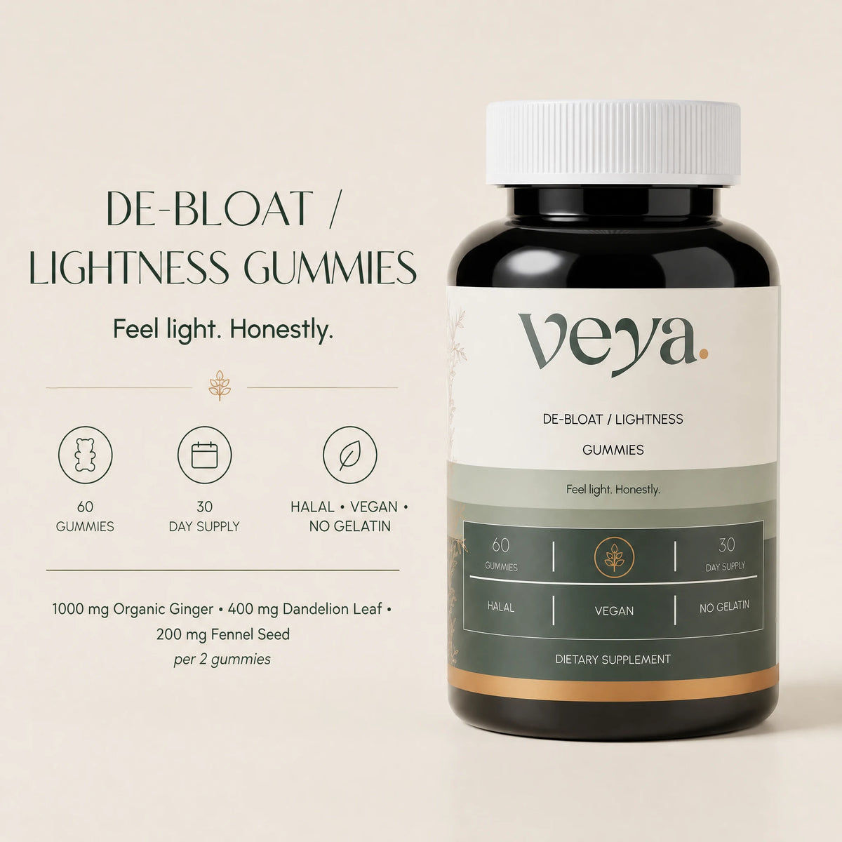 Veya De-Bloat and Lightness Gummies: 60 gummies, 30 day supply, halal, vegan, no gelatin.