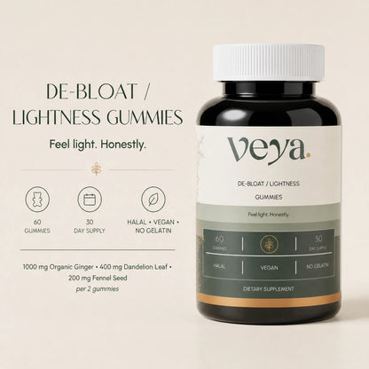 Veya De-Bloat and Lightness Gummies: 60 gummies, 30 day supply, halal, vegan, no gelatin.