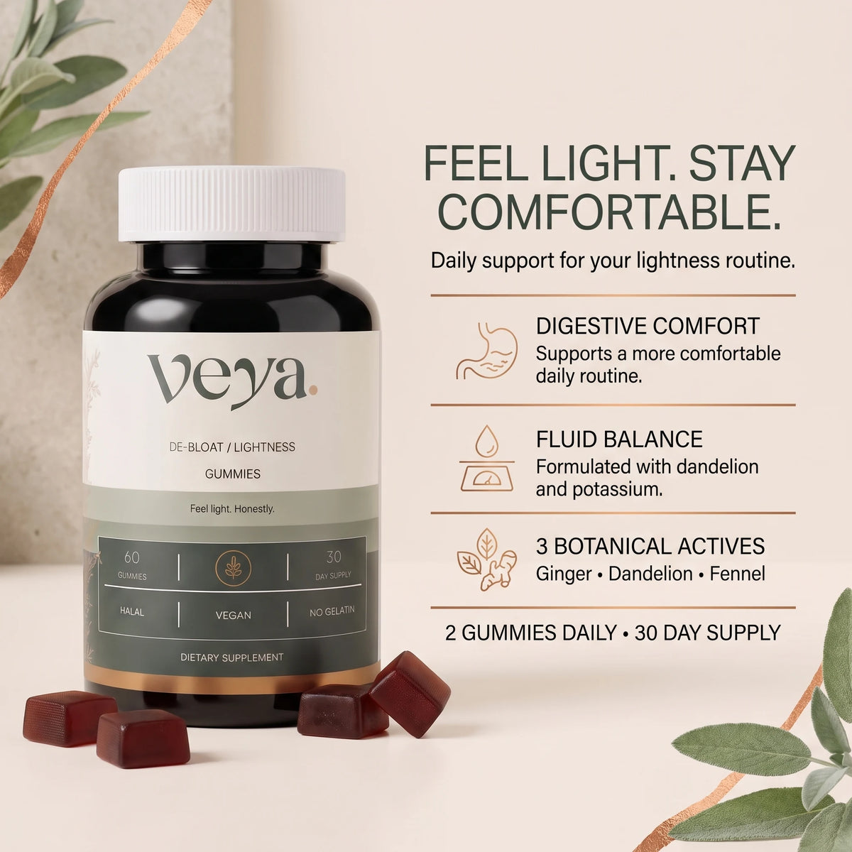 Veya benefits: digestive comfort, fluid balance, and three botanical actives.