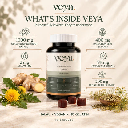What is inside Veya, per two gummies: ginger, dandelion leaf, fennel seed, vitamin B6 and potassium.