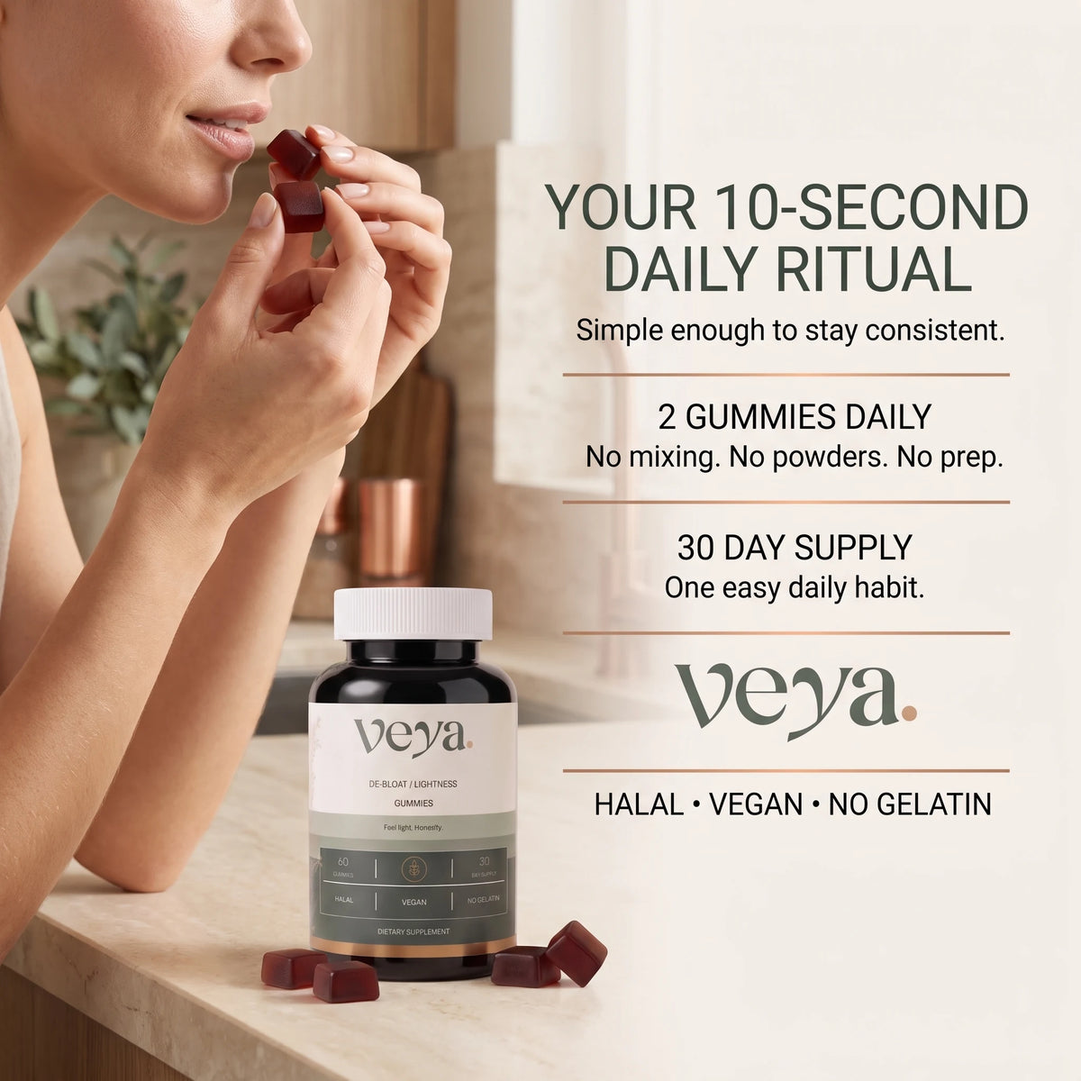 A ten-second daily ritual: two Veya gummies, no mixing, no powders, no prep.