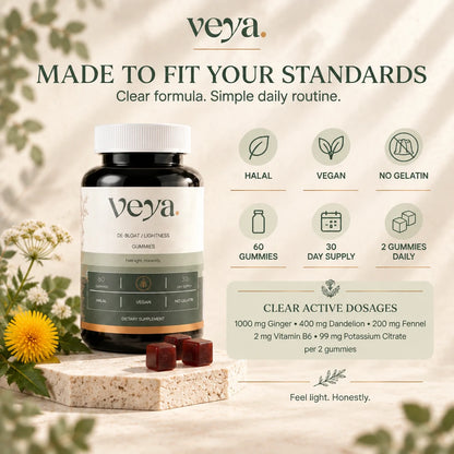 Veya standards: halal, vegan, no gelatin, 60 gummies, 30 day supply, with clear active dosages.