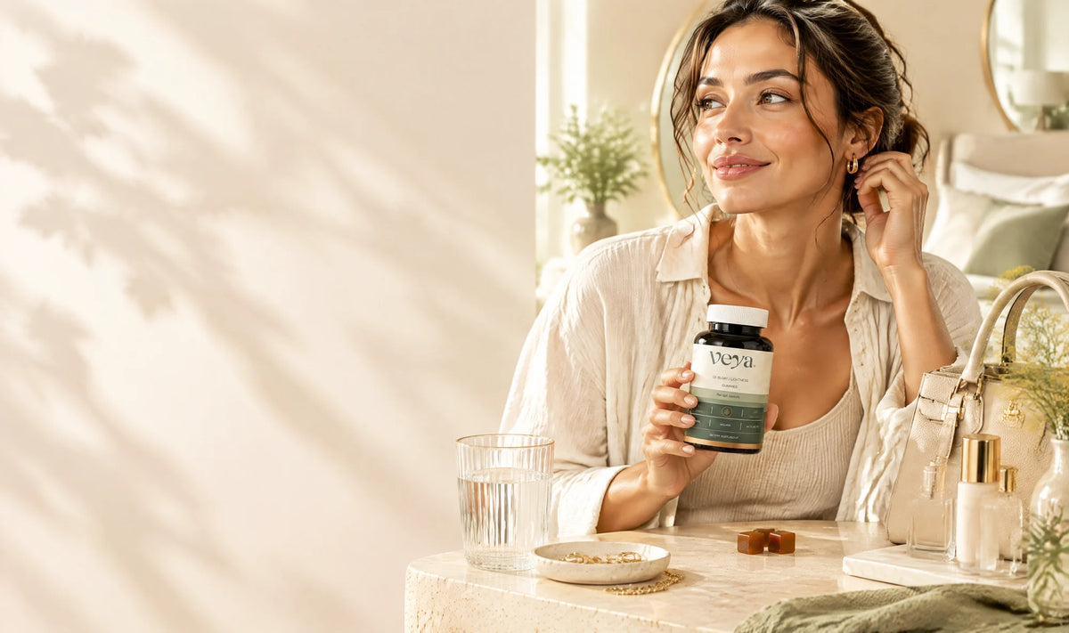 Veya Lightness Gummies on a vanity during a daily wellness routine.