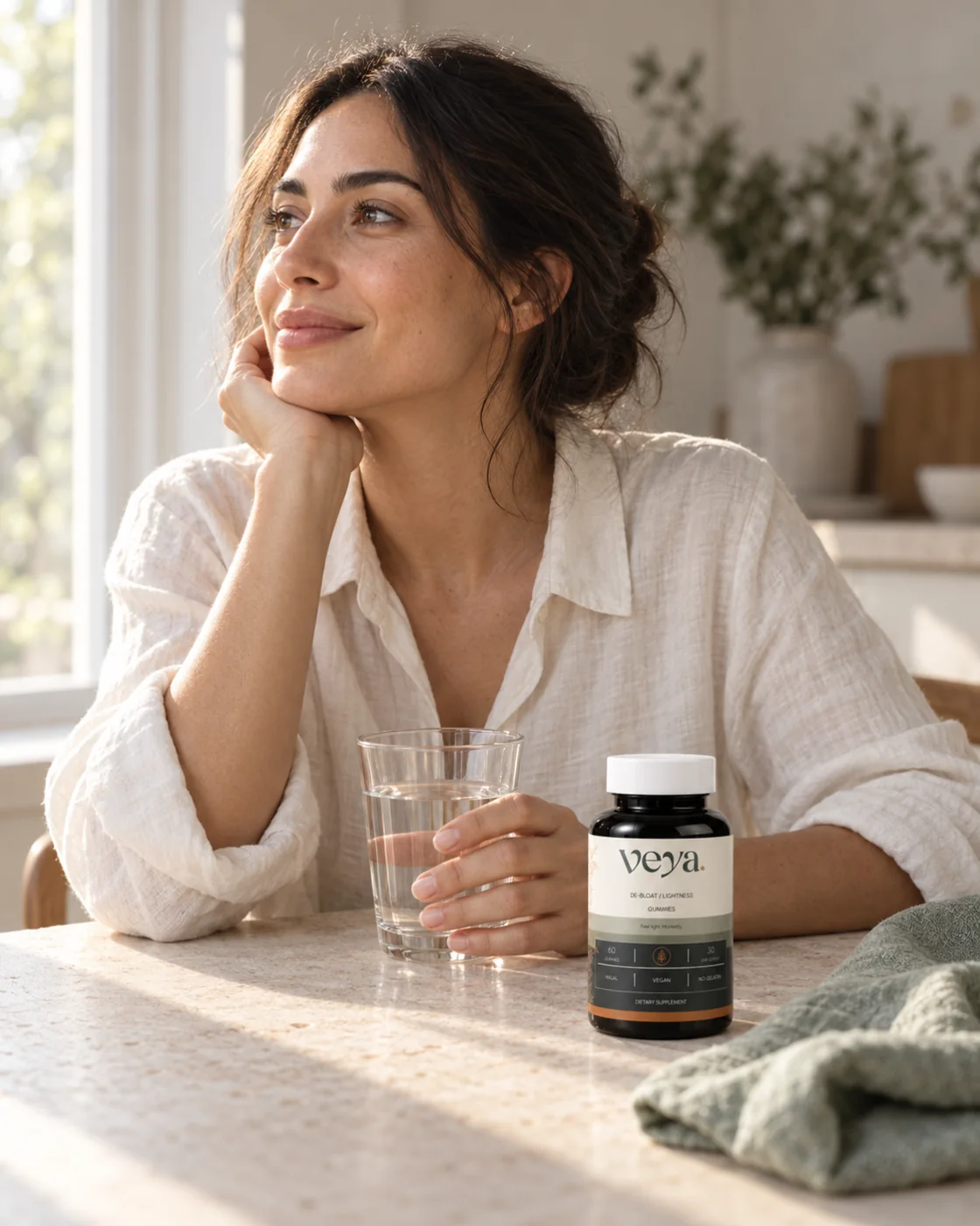 A woman sits by a sunlit window holding water, with a Veya bottle on the table.