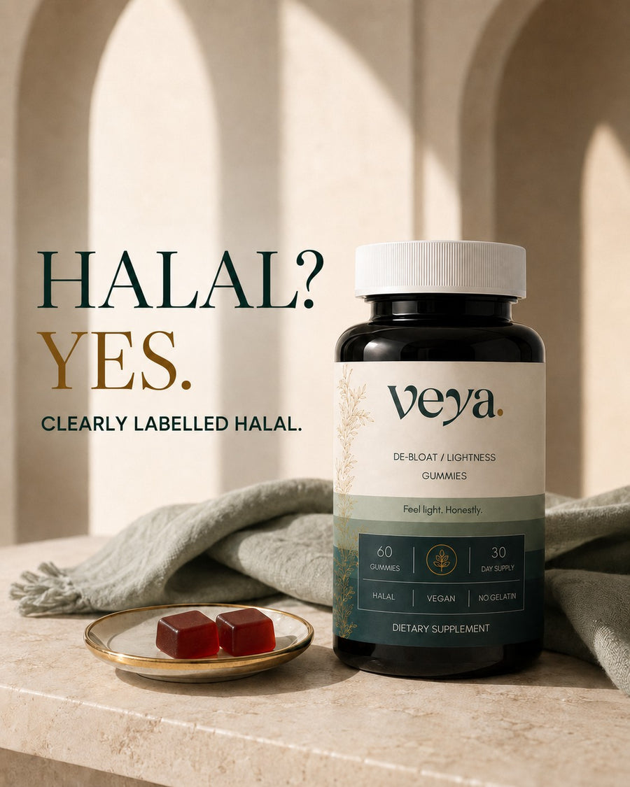 The Veya jar on a linen cloth with gummies on a gold dish.