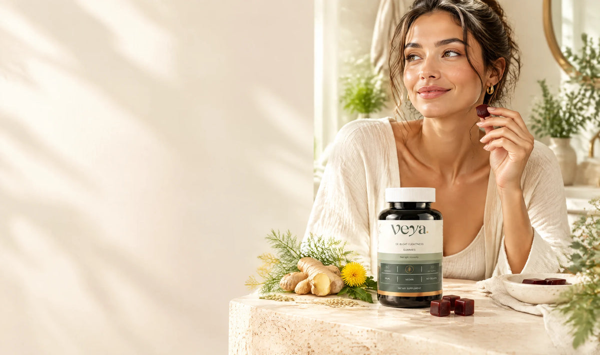 Veya De-Bloat Lightness Gummies beside a woman during her morning wellness routine.