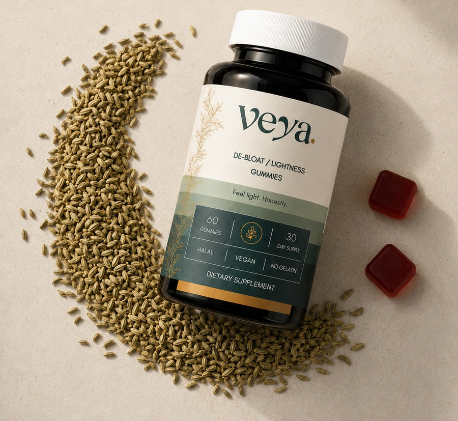 Fennel seed arranged in a crescent around the Veya jar.