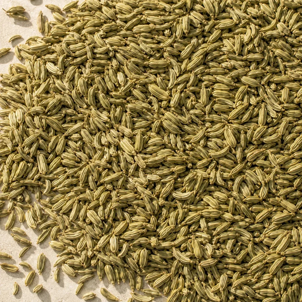 Whole fennel seeds scattered across pale limestone