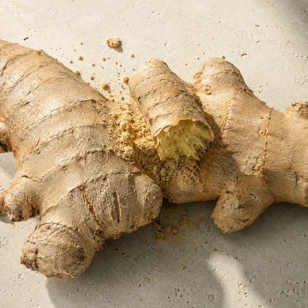 Fresh ginger root, one piece cut open on pale limestone