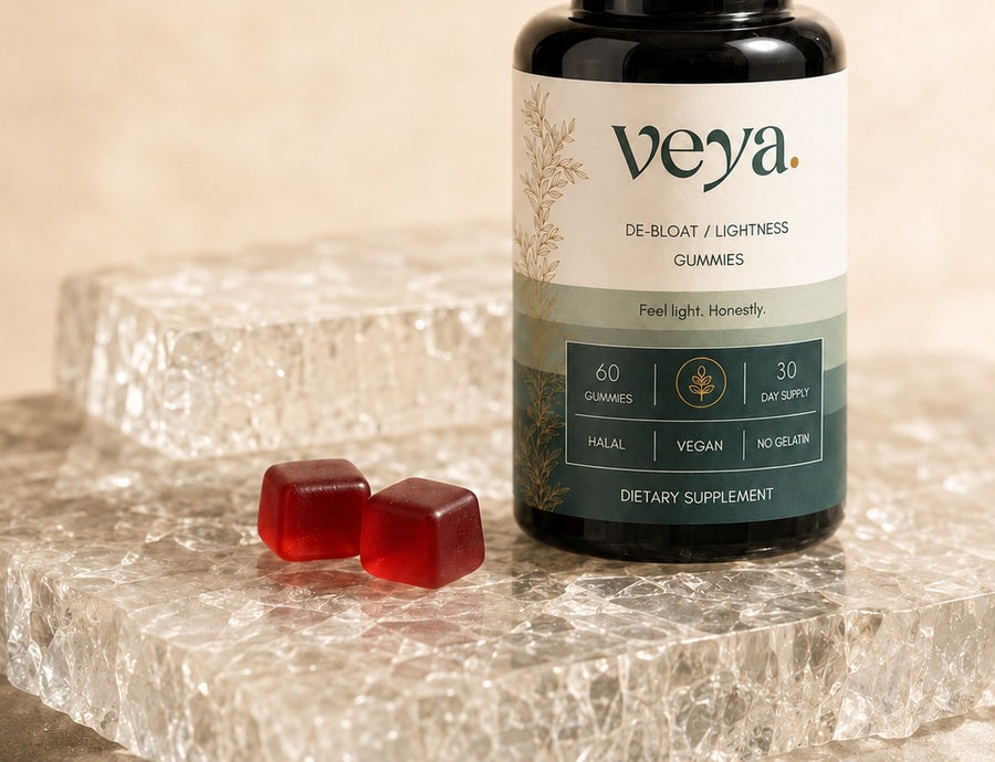 The Veya jar on a crystalline mineral slab.
