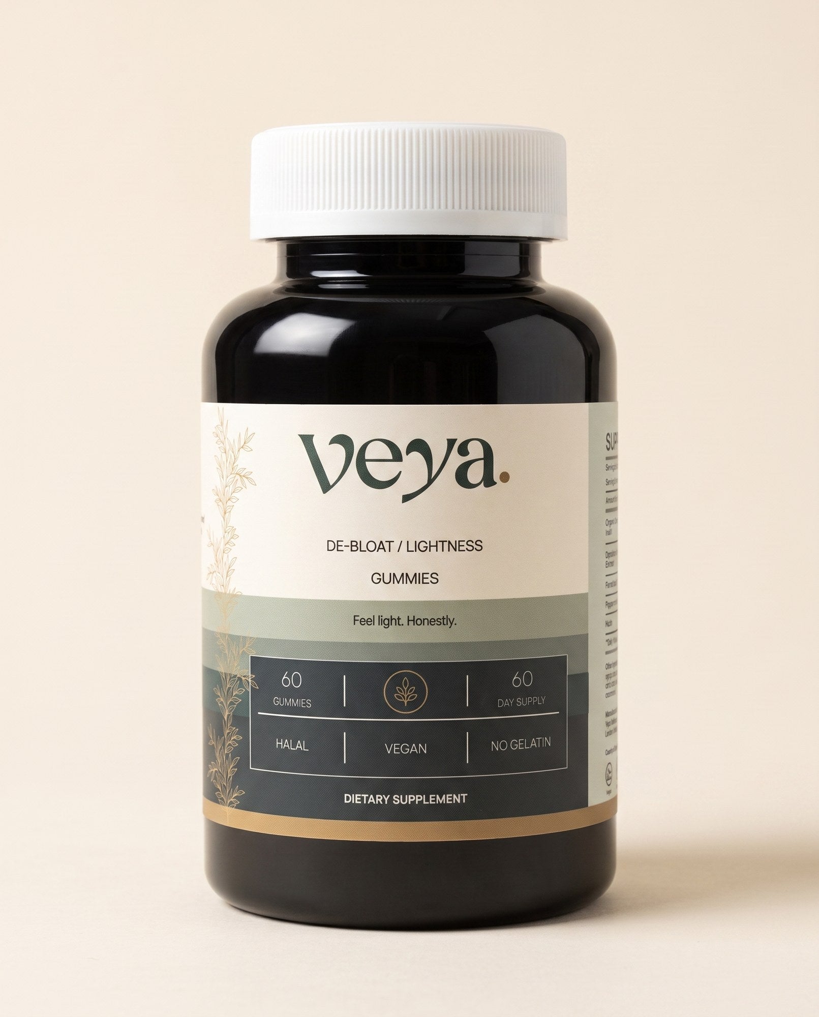 Veya De-Bloat and Lightness Gummies, sealed black bottle with the cream label, on a warm cream background
