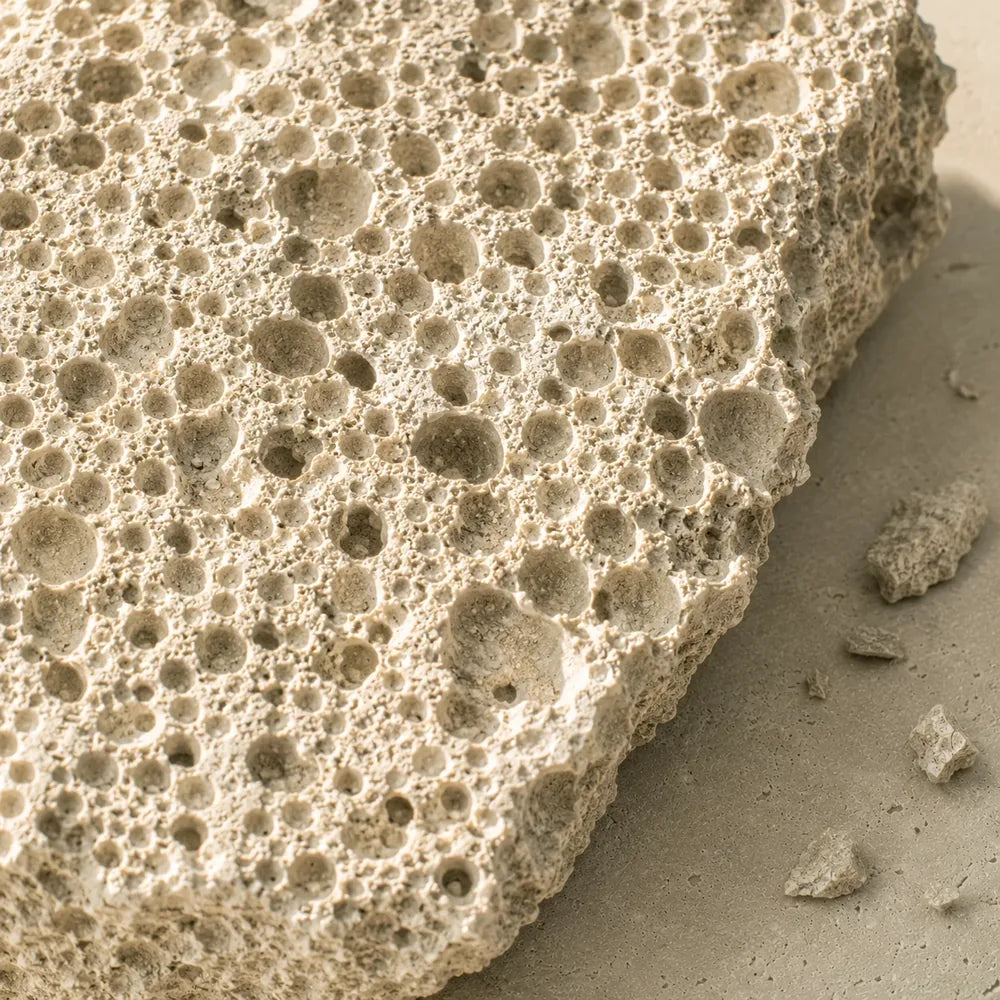 The broken face of a porous stone, dense with trapped air pockets