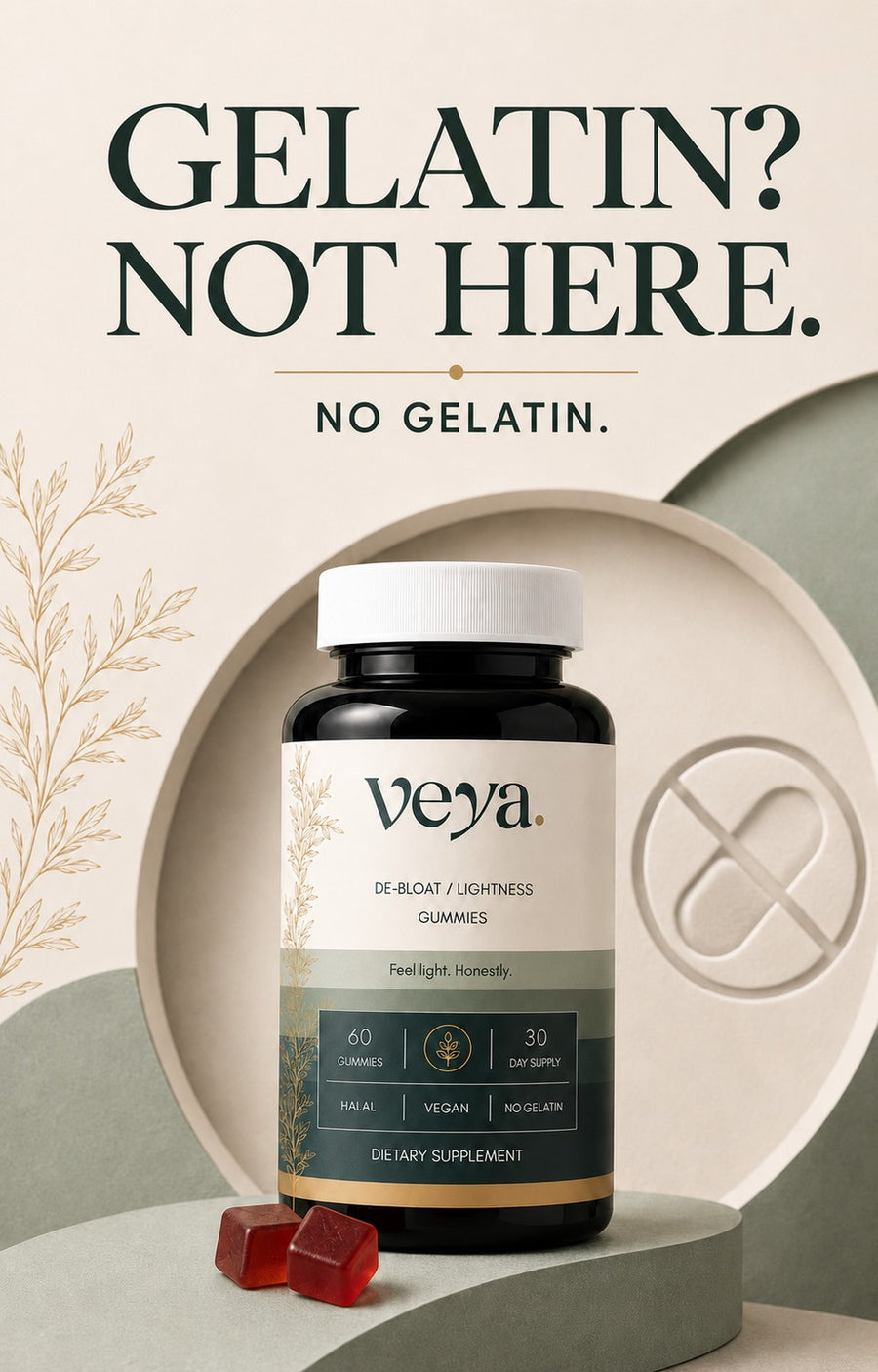 The Veya jar on a sage disc with a crossed-out capsule.