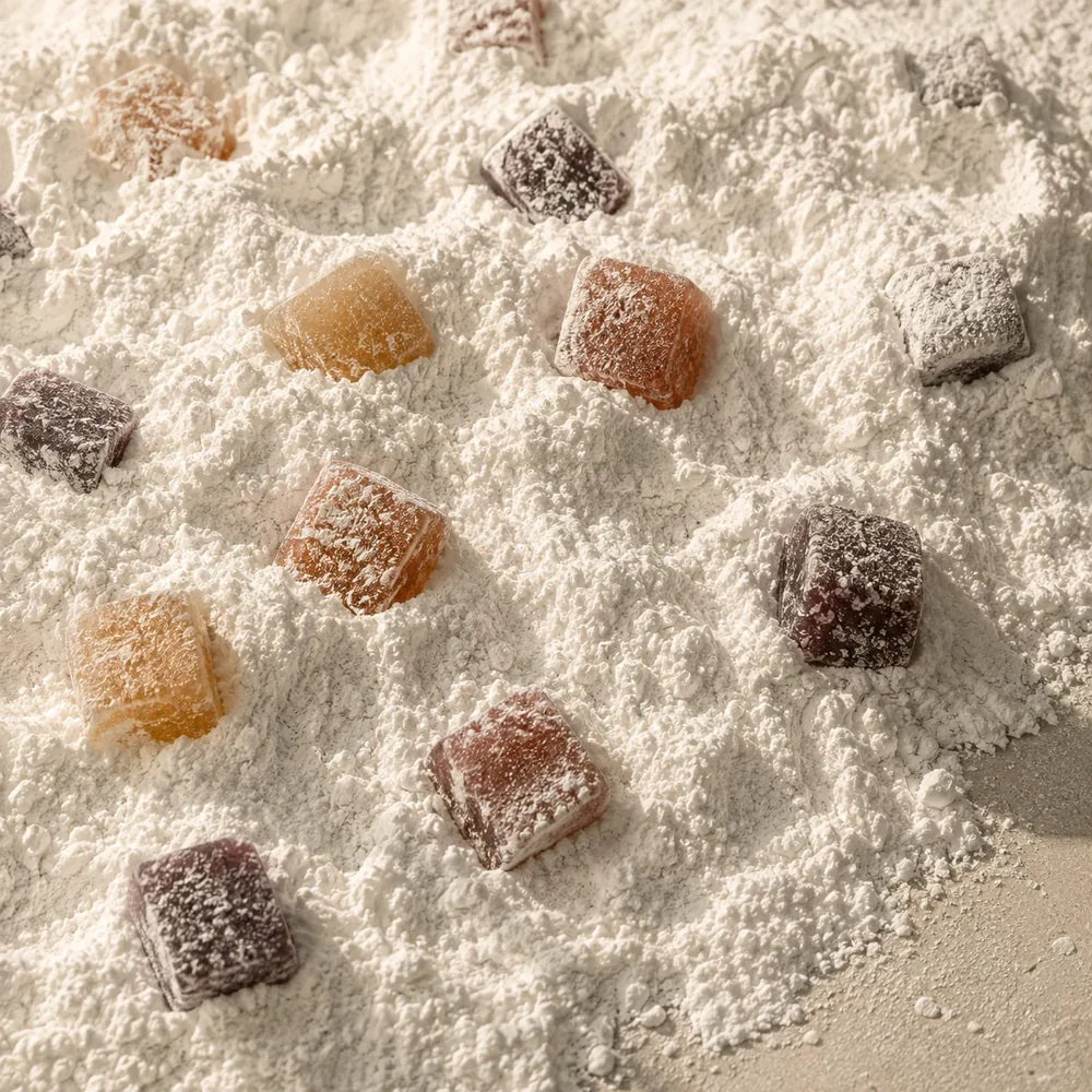 Gummy cubes scattered and half buried in a drift of fine starch