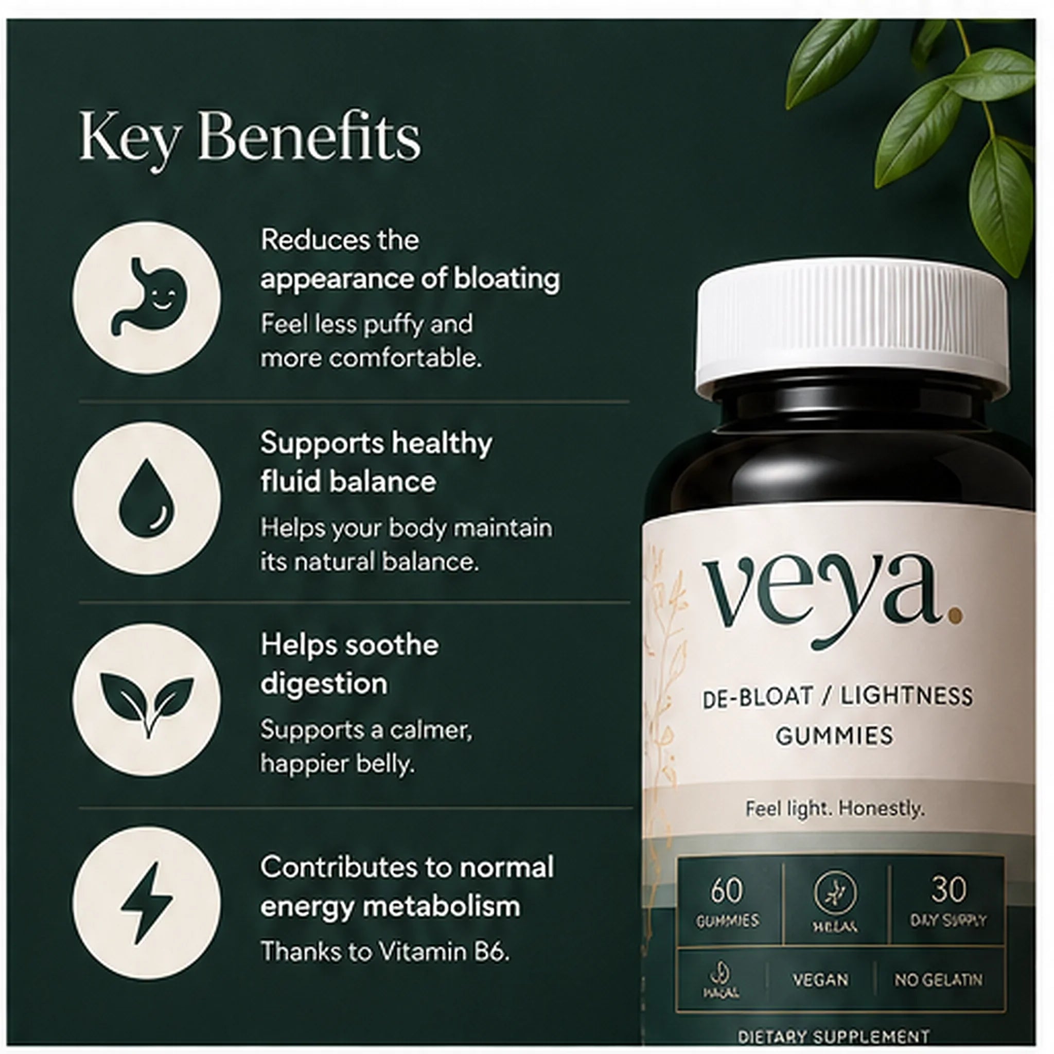 Key benefits: reduces the appearance of bloating, supports healthy fluid balance, helps soothe digestion, contributes to normal energy metabolism.