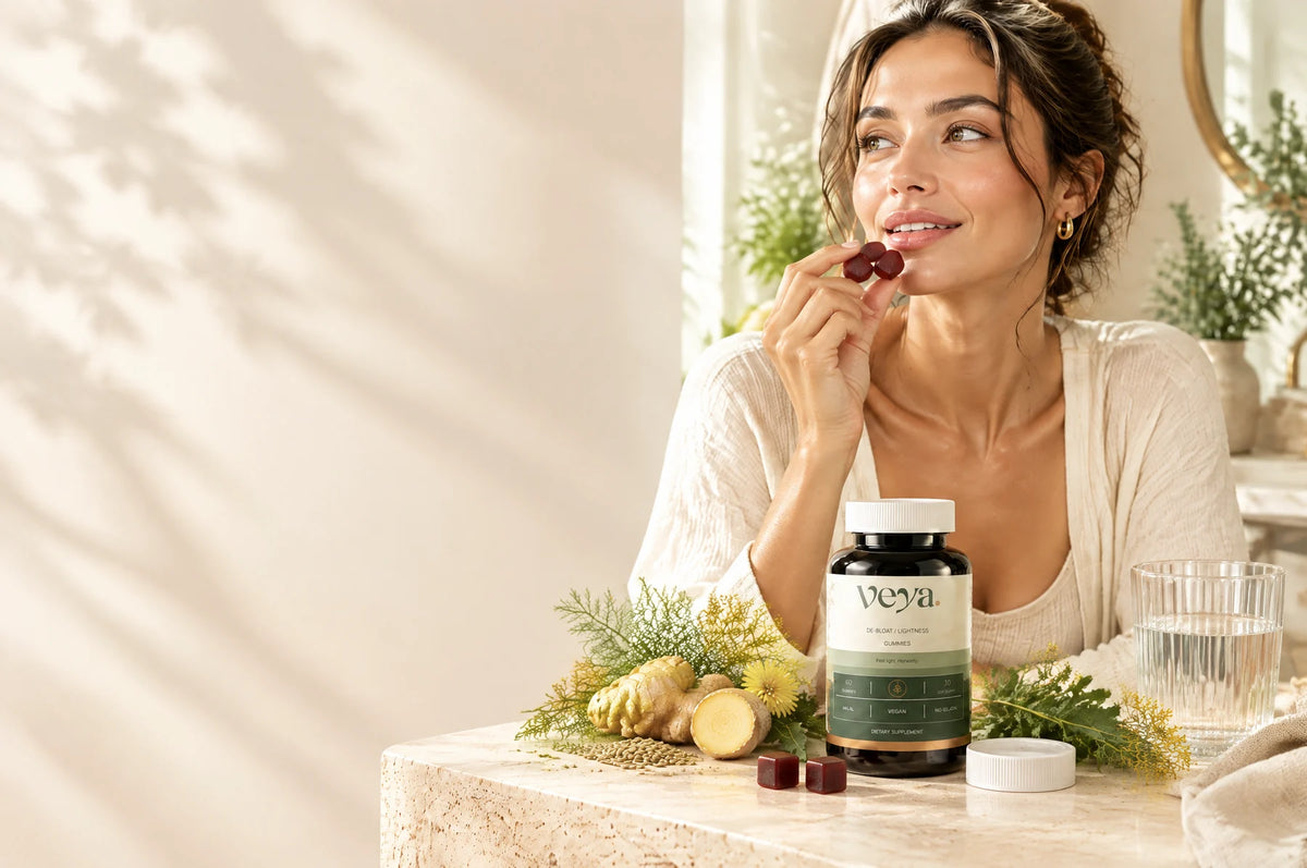 Veya Lightness Gummies with ginger, fennel and dandelion in a morning wellness setting.