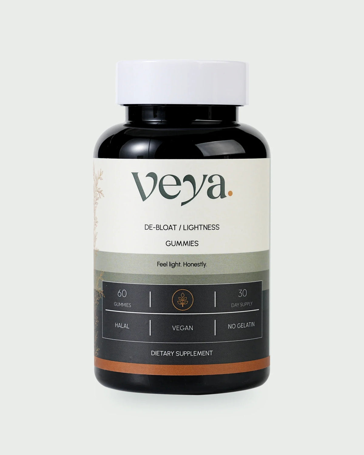 The Veya bottle: cream label, sage band, sixty gummies, thirty-day supply, halal, vegan, no gelatin.