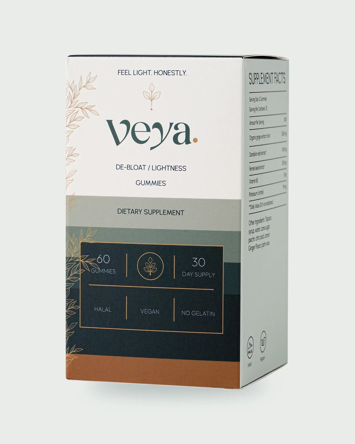 The Veya carton, front three-quarter, showing the supplement facts panel on its side.