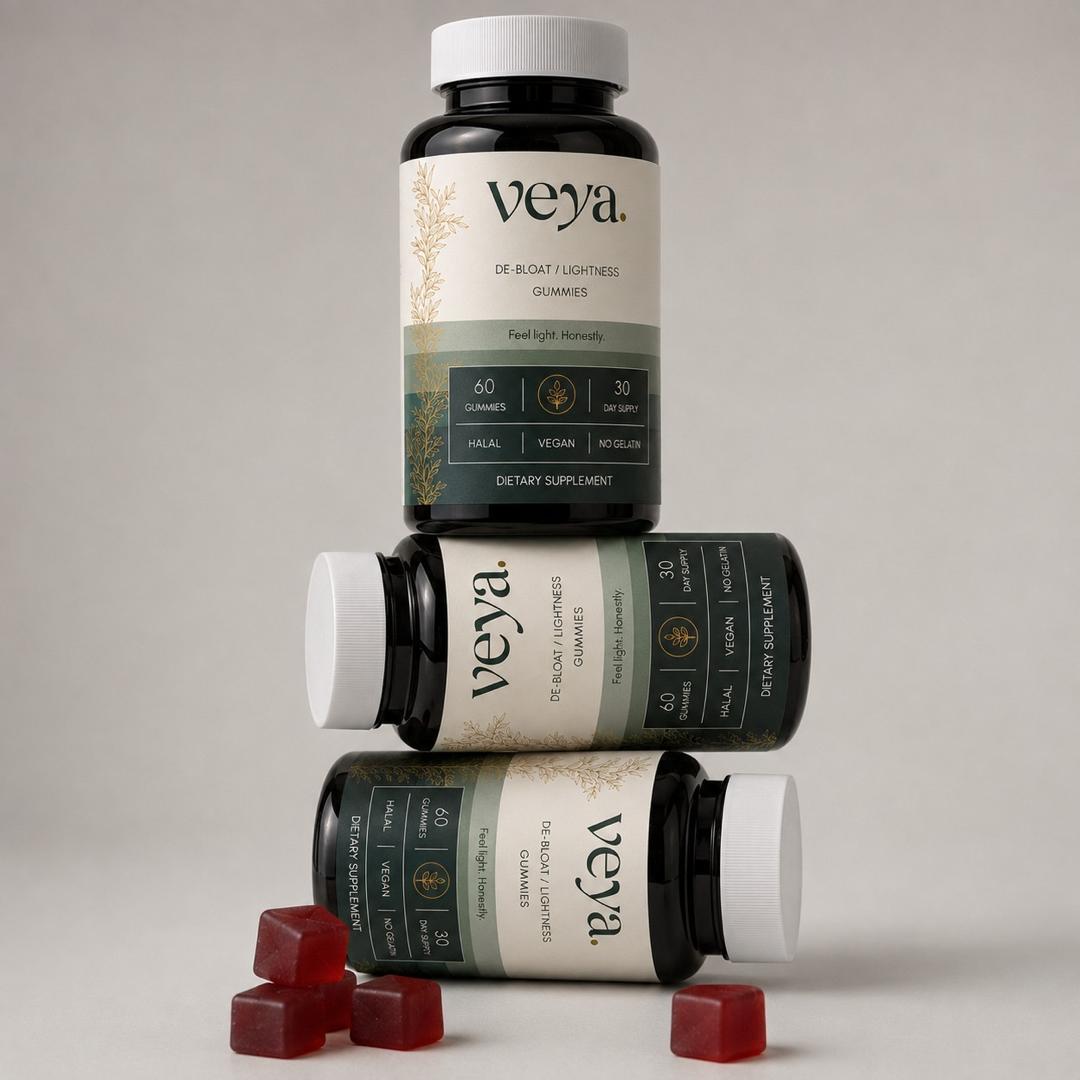 Three Veya jars stacked, with loose gummies beside them