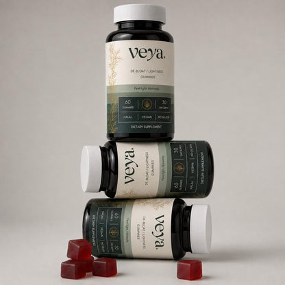 Three Veya jars stacked, with loose gummies beside them