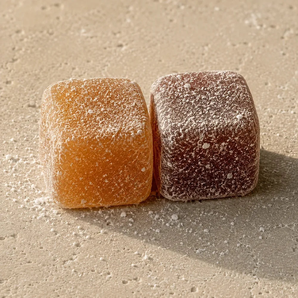 Two gummy cubes standing side by side on pale limestone