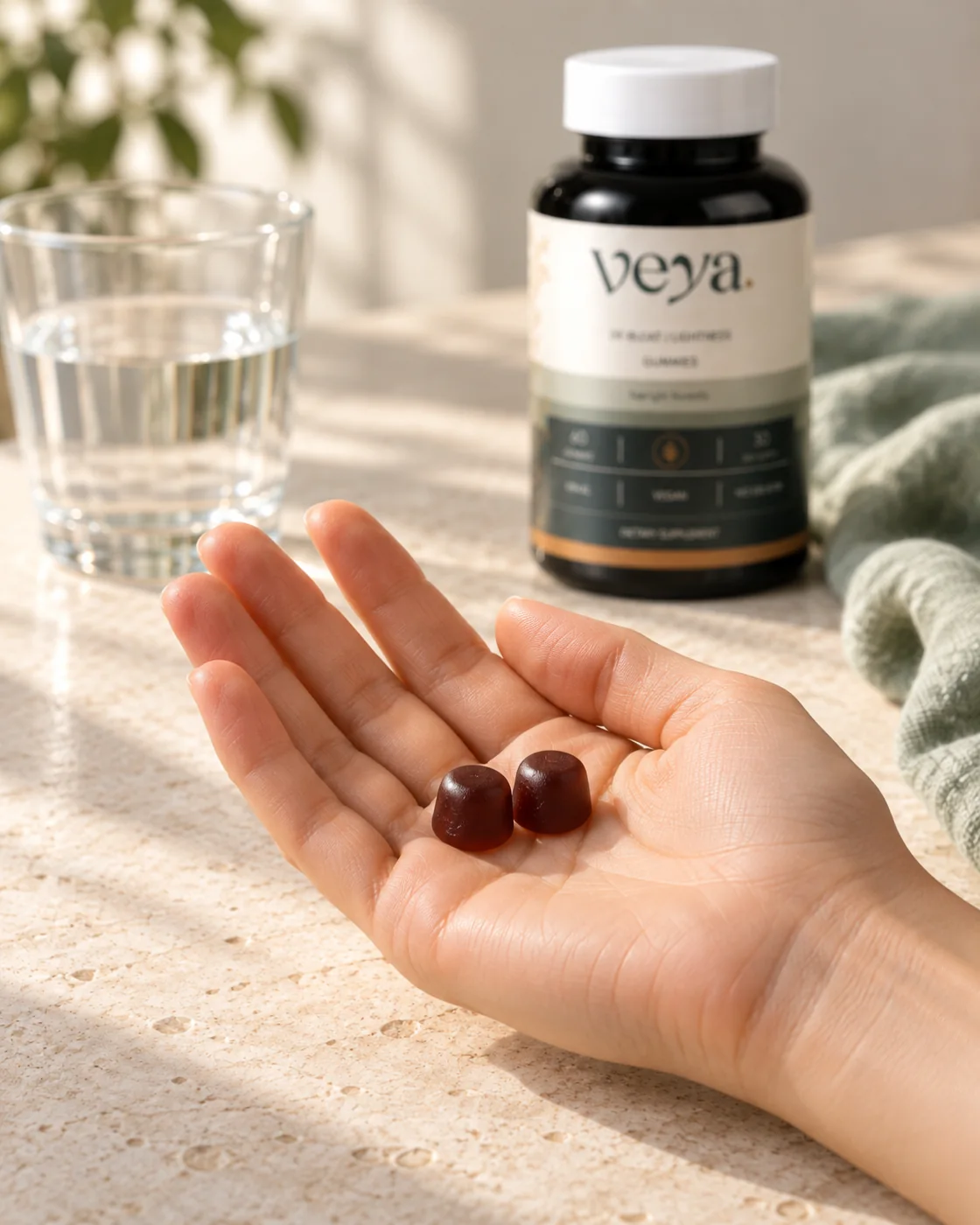 Two dark fruit-pectin gummies resting in an open hand, with a Veya bottle and water behind.