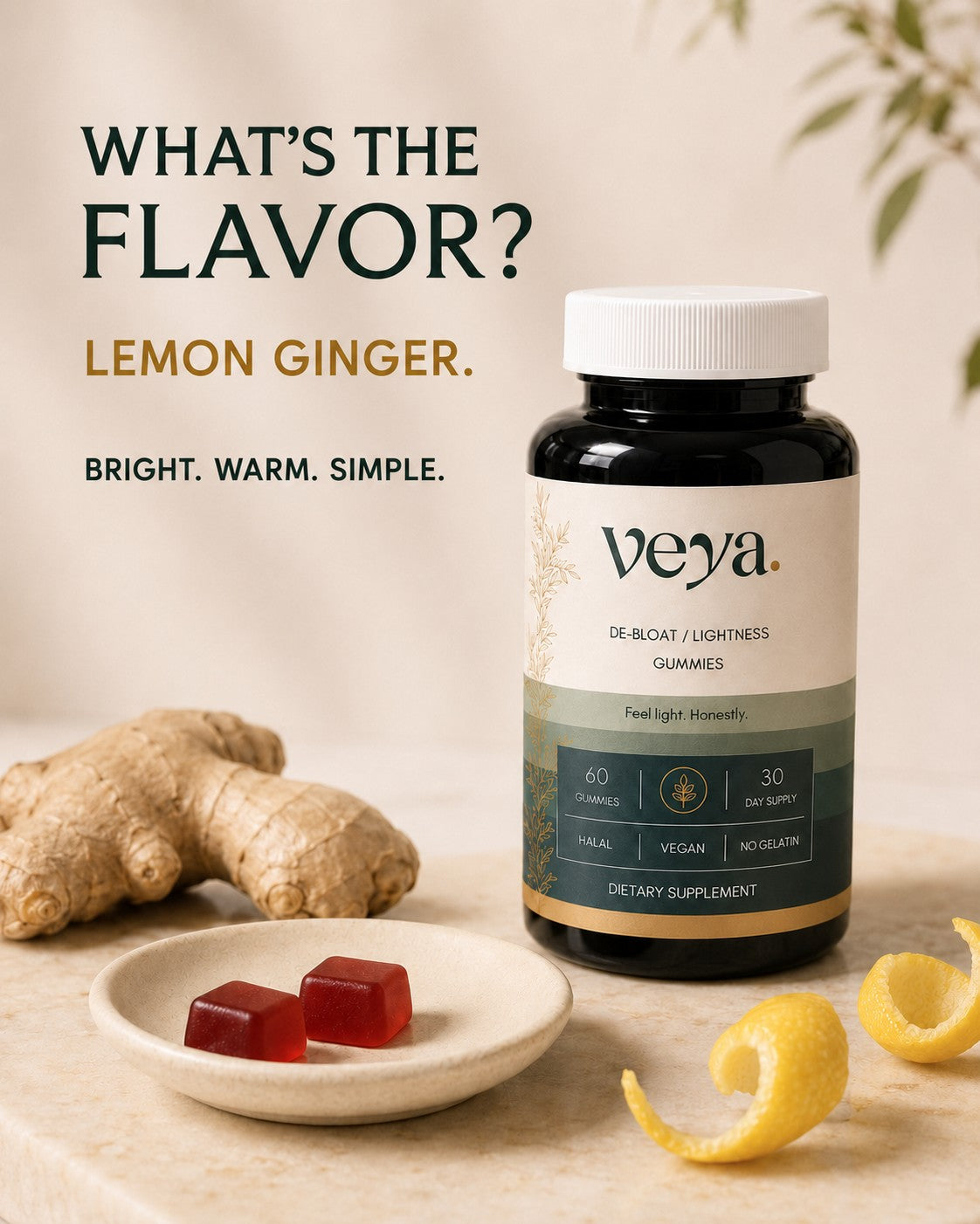 Fresh ginger and lemon peel beside the Veya jar.
