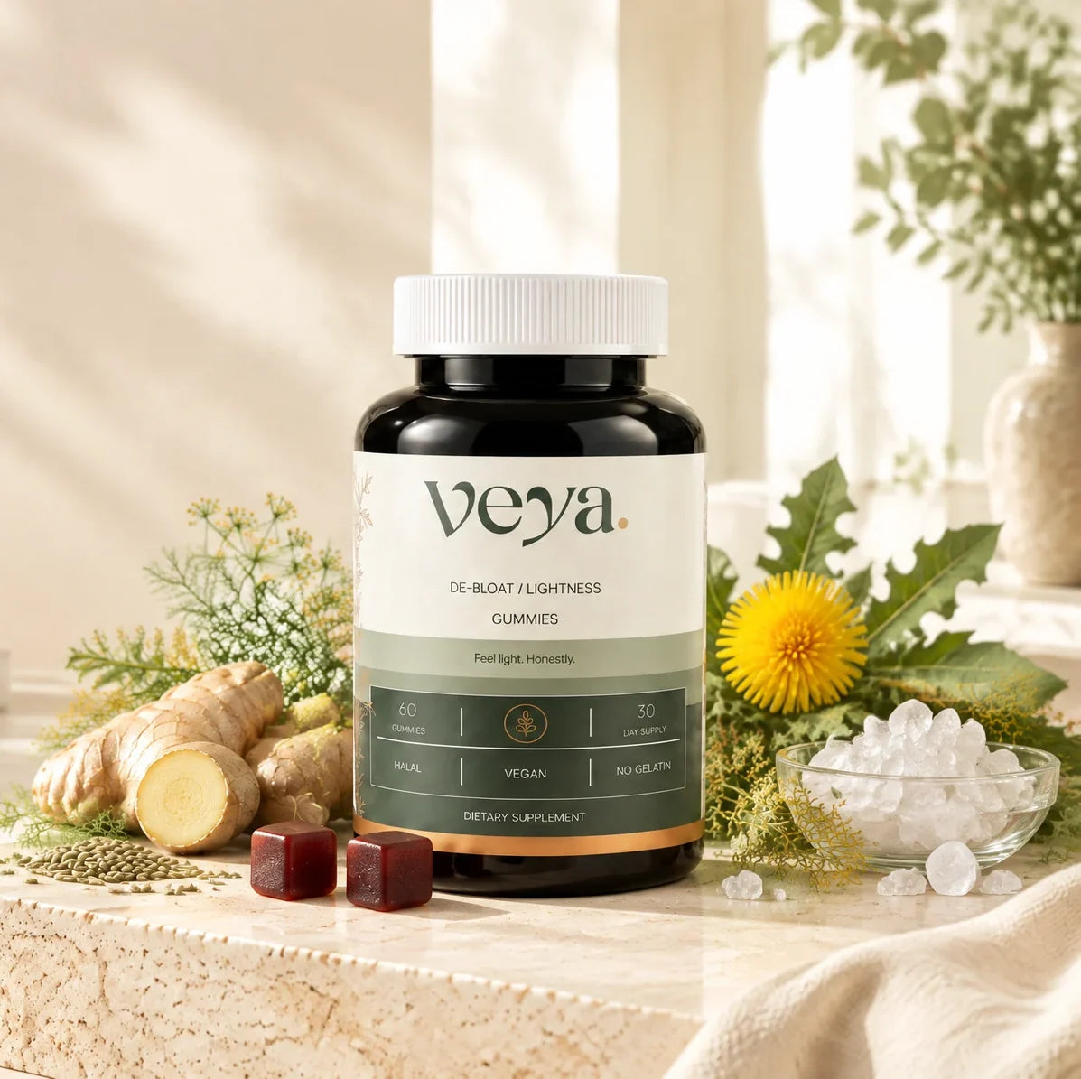 The Veya jar with two gummies, ginger root, fennel and dandelion on a stone surface.